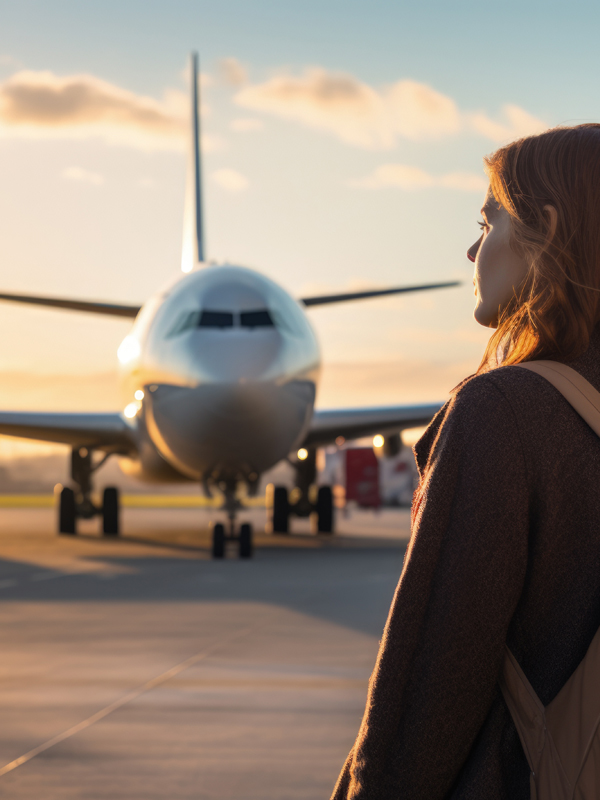 Viaggiatrice davanti a un aereo FreeFlyNow